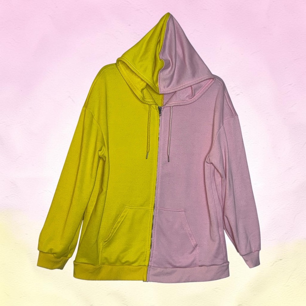 Pink and Yellow Two Tone Split Zip Up Hoodie Sweatshirt Large Colorblock